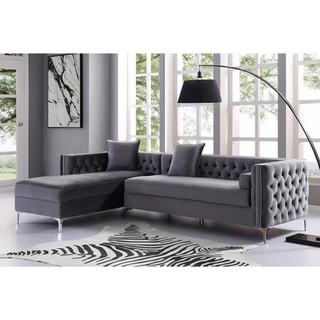 Posh Living Posh Living Levi Velvet Tufted with Silver Nailhead Trim Metal Y-leg Left Facing Chaise Sectional Sofa - Grey SL01-02GR-UE